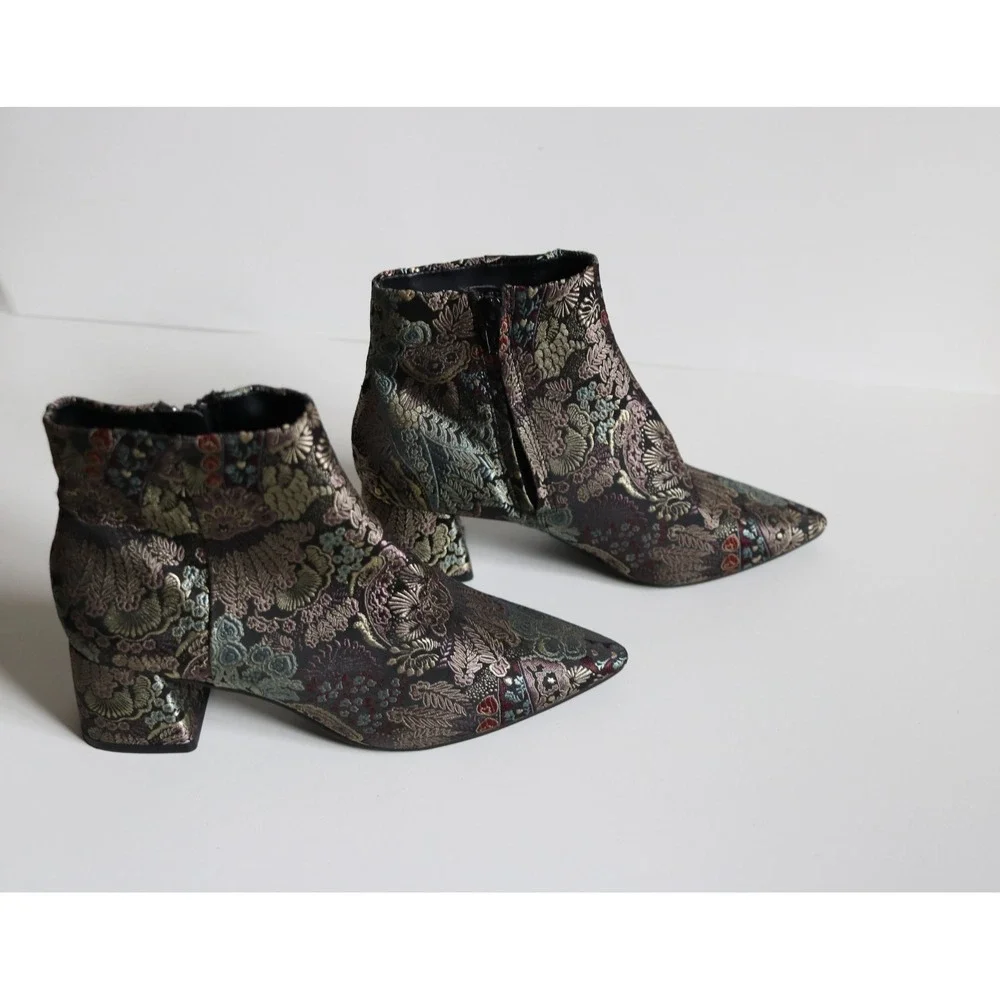Alex Marie Jacquard Floral Black Multicolor Ankle Bootie Zip Pointed Toe Sz 7.5M